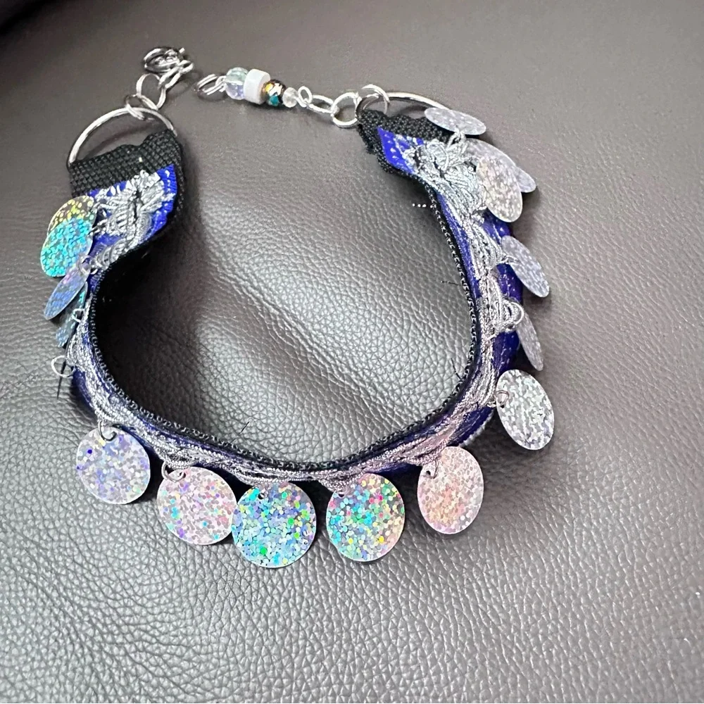 Festival Choker Necklace Handmade Navy + Silver Iridescent Sequin Coins Signed - Picture 11 of 15